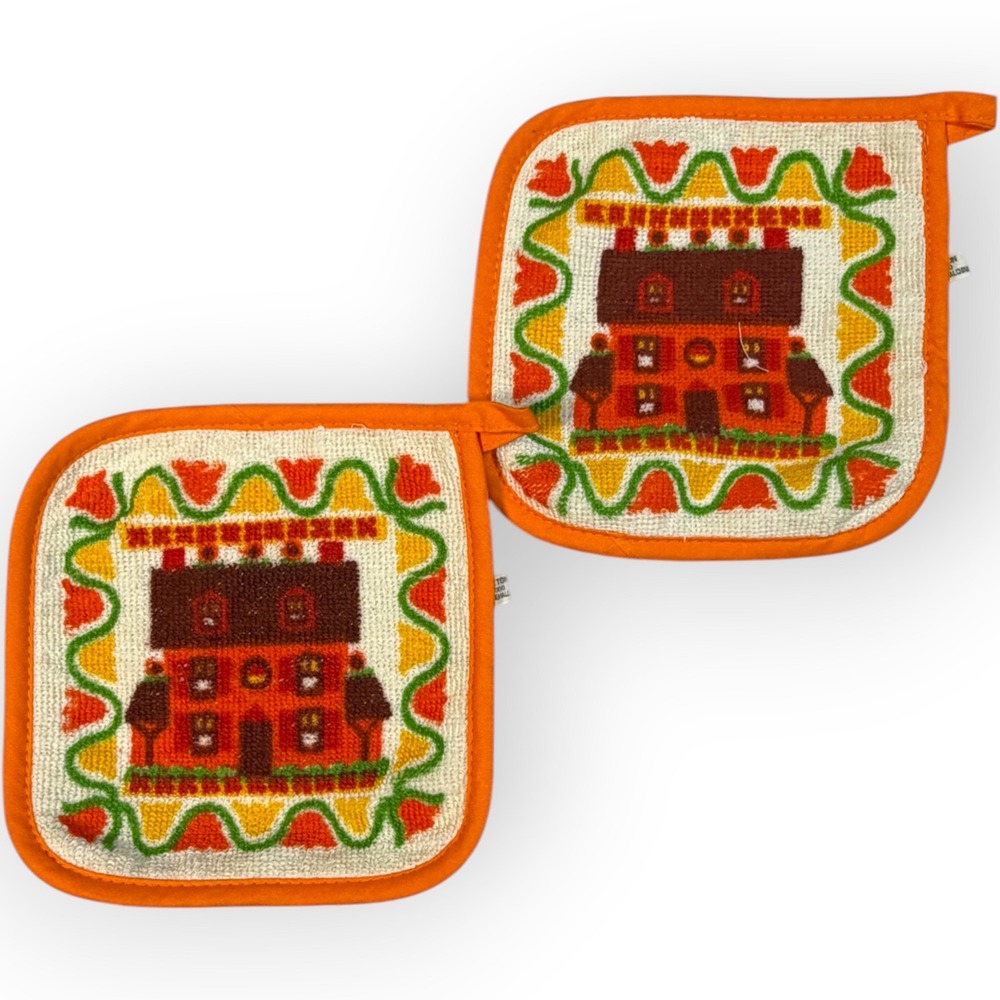 Vtg 70's Terry Cloth Pot Holders Set 2 Orange House Tulip Floral 100% Cotton